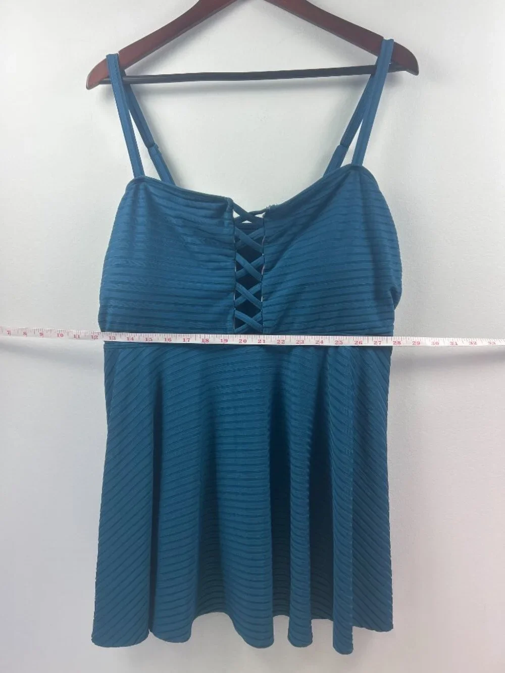 Ribbed Teal Swimsuit Top with Lattice Cutout Front Size 3XL